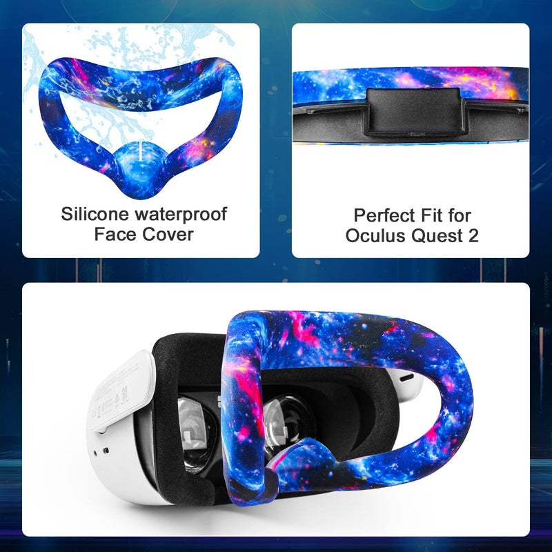 Relohas VR Accessories Kit Compatiable with Oculus Quest 2, Includes Silicone Face Cover, Controller Grips, Protective Shell, Lens Cover & 10 Disposable Eye Covers, No Signal Blocking (Starry Blue) - Image 5